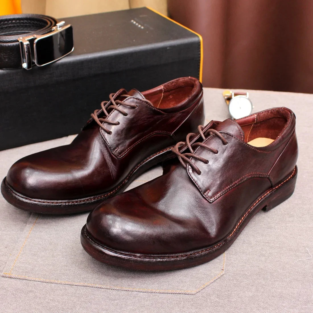 Men's Handmade Goodyear Sewn Derby Formal Shoes Soft Genuine Leather round Toe Comfortable Non-Slip Casual Shoes