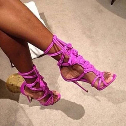 Open Toe Rope Straps Sandals Ankle Lace Up Fanshaped Tassel Decor Stiletto Heels Shiny Leather Fashion Women Summer Roman Shoes