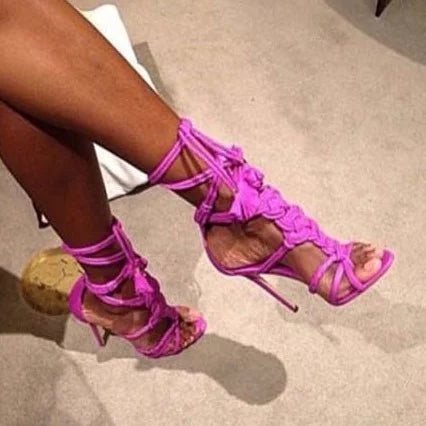 Open Toe Rope Straps Sandals Ankle Lace Up Fanshaped Tassel Decor Stiletto Heels Shiny Leather Fashion Women Summer Roman Shoes