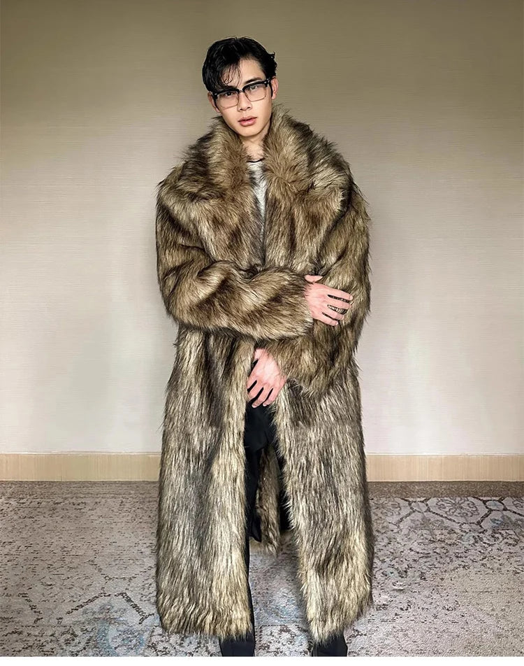 Men's fur coat, Wolf fur, fox fur, lapel long overcoat, winter windproof and warm windbreaker, large size