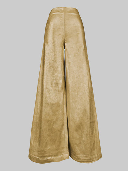 Women's Stylish Party Wear Pants Solid Gold High Waist A-line Wide Leg Pants Zippered Full-length Trousers Casual Pants