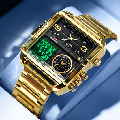 2025 New Men LED Watch Fashion Square Creative Quartz Movement Black Stainless Steel Waterproof Timing Electronic Watch for Men - Kimlud