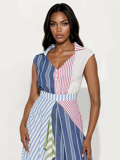 Personality Contrast Color Stitching Striped Dress Women's Summer Fashion Irregular Waist V-neck Sleeveless Commuting Dresses - Kimlud