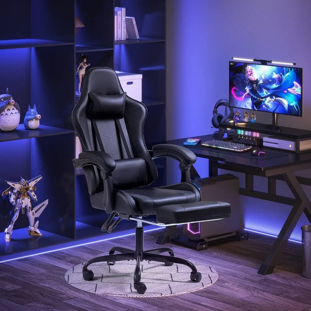 Ergonomic Massage Lumbar Support Gaming Chair with Footrest, 360° Swivel and Height Adjustable Seat for Comfortable Computing