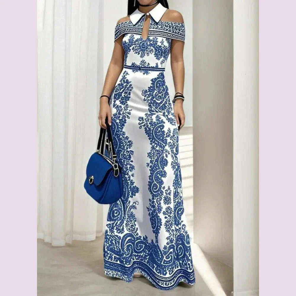 Freeacy Floral Printed Bodycon Dress for Women Cold Shoulder Lapel Collar High Waist A-line Maxi Evening Dresses Party Gowns