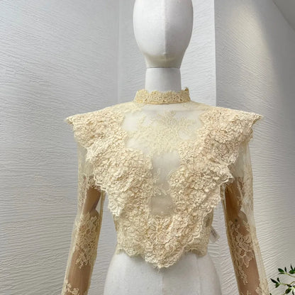 2025 New Fashion Beige Lace Patchwork Long Sleeve Blouse Tops Lady