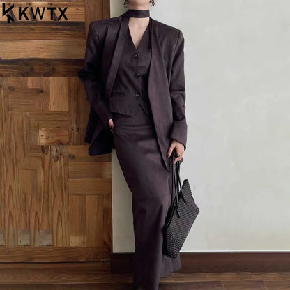 KWTX 2025 Women's 3 Pcs Suit Set Spring Fall V-Neck Blazer Single Breasted Vest Ribbon Tie Skirt Solid Color Elegant Retro