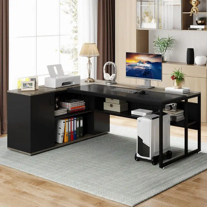 71 inch Executive Desk, L Shaped Desk with Cabinet Storage, Executive Office Table with Shelves, Business Furniture Set Worksta - Kimlud