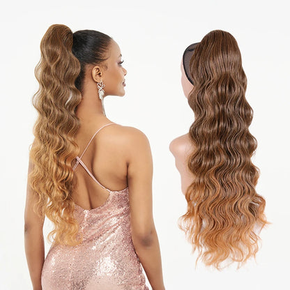 Julianna Synthetic Kanekalon Black Drawstring Water Wave Ponytail Extension Female Curly Wavy Clip In Ponytail Hair Extension