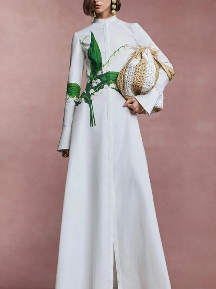 Women's Elegant Floral Printed Formal Office Shirts Dress Long Sleeves Buttoned Stand Collar Party Evening A-line Maxi Dresses - Kimlud