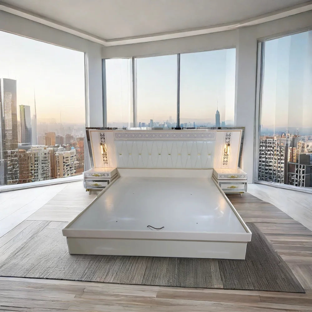 A High Gloss MDF White Painted Wood Bedroom Set Custom Modern Home Hotel Furniture with King Bed and Storage