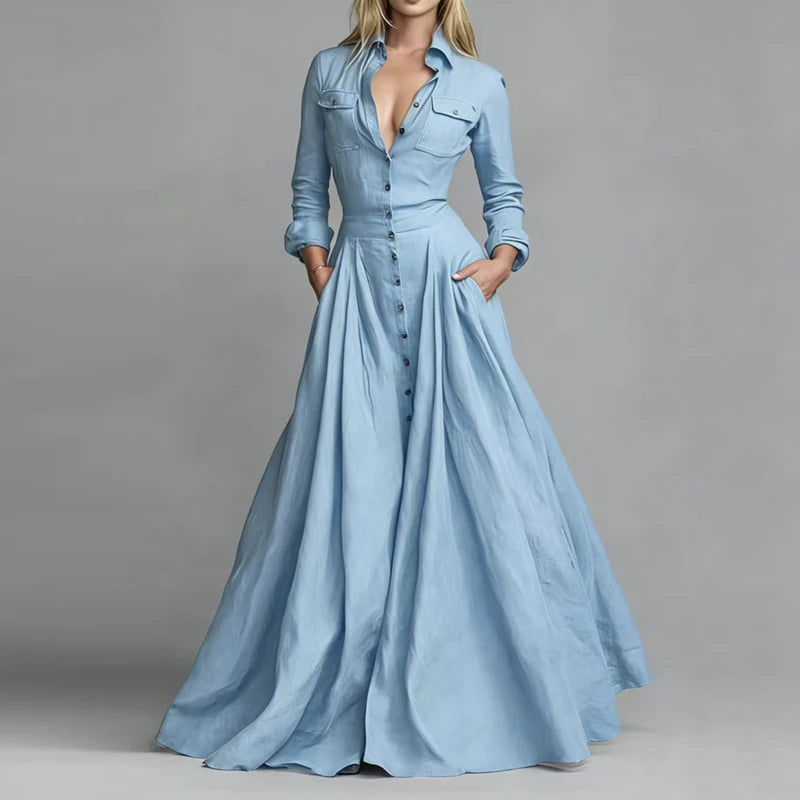 Casual Turn-down Collar Button Maxi Dress Woman Elegant Solid High Waist Swing Long Dresses Autumn Long Sleeve Pocket Boho Dress - Kimlud