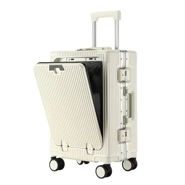 Front Opening Large Capacity Rolling Luggage Case Aluminum Frame Trolley Case USB Charging Boarding Suitcase With cup holders