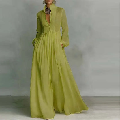 French Elegant High Waist Swing Long Dress Woman Spring Solid Pockets Pleated Maxi Dress Autumn Long Sleeve Button Evening Dress