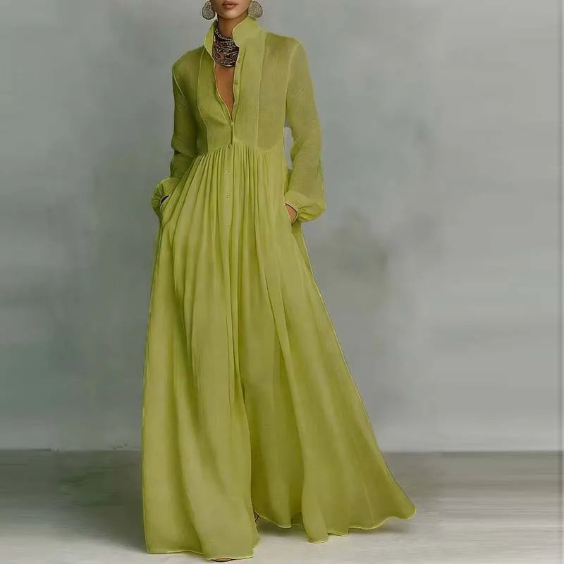 French Elegant High Waist Swing Long Dress Woman Spring Solid Pockets Pleated Maxi Dress Autumn Long Sleeve Button Evening Dress