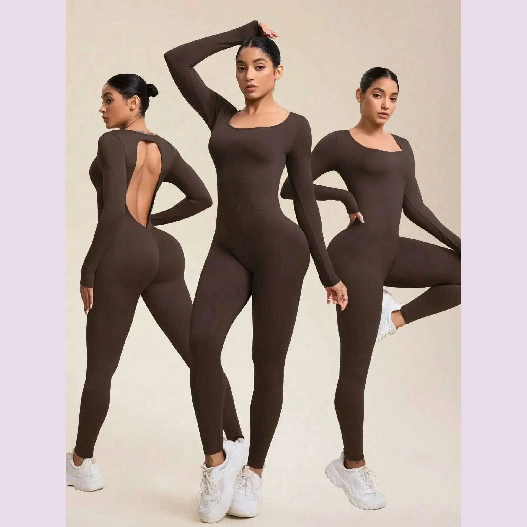 Women Jumpsuits Long Sleeve Sexy Backless Bodycon Rompers Scrunch Butt V Back Playsuit Workout Bodysuit