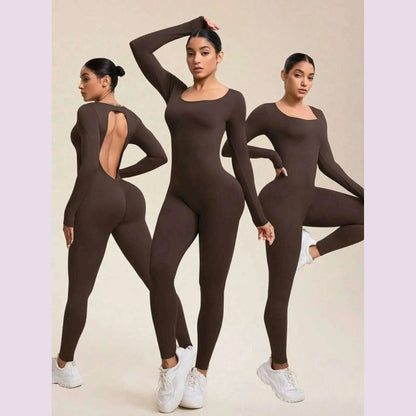 Women Jumpsuits Long Sleeve Sexy Backless Bodycon Rompers Scrunch Butt V Back Playsuit Workout Bodysuit