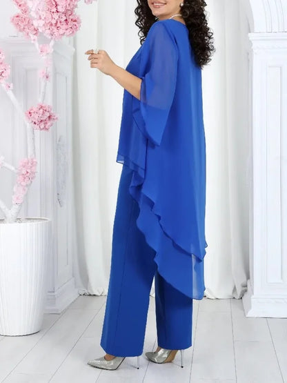 Elegant 2 Pieces Sets Woman's Chiffon Solid Mid-Sleeve Layered ruffled edges Long Top & Straight-leg Trousers Pants Sets Outfits