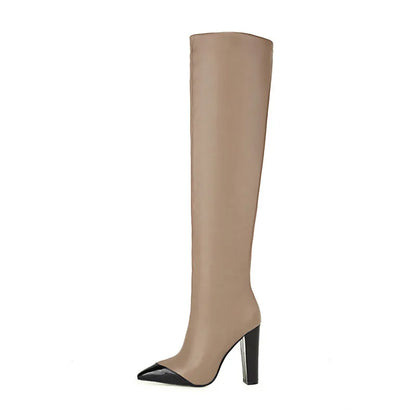 Patchwork Pointed Toe Wrinkle Knee High Boots Block High Heels Fashion Leather Casual Boot Unique Sexy Lady Party Dress Shoes