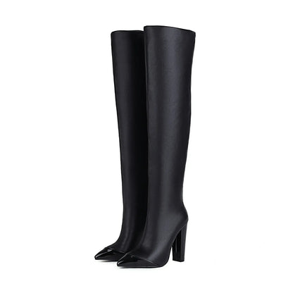 Patchwork Pointed Toe Wrinkle Knee High Boots Block High Heels Fashion Leather Casual Boot Unique Sexy Lady Party Dress Shoes