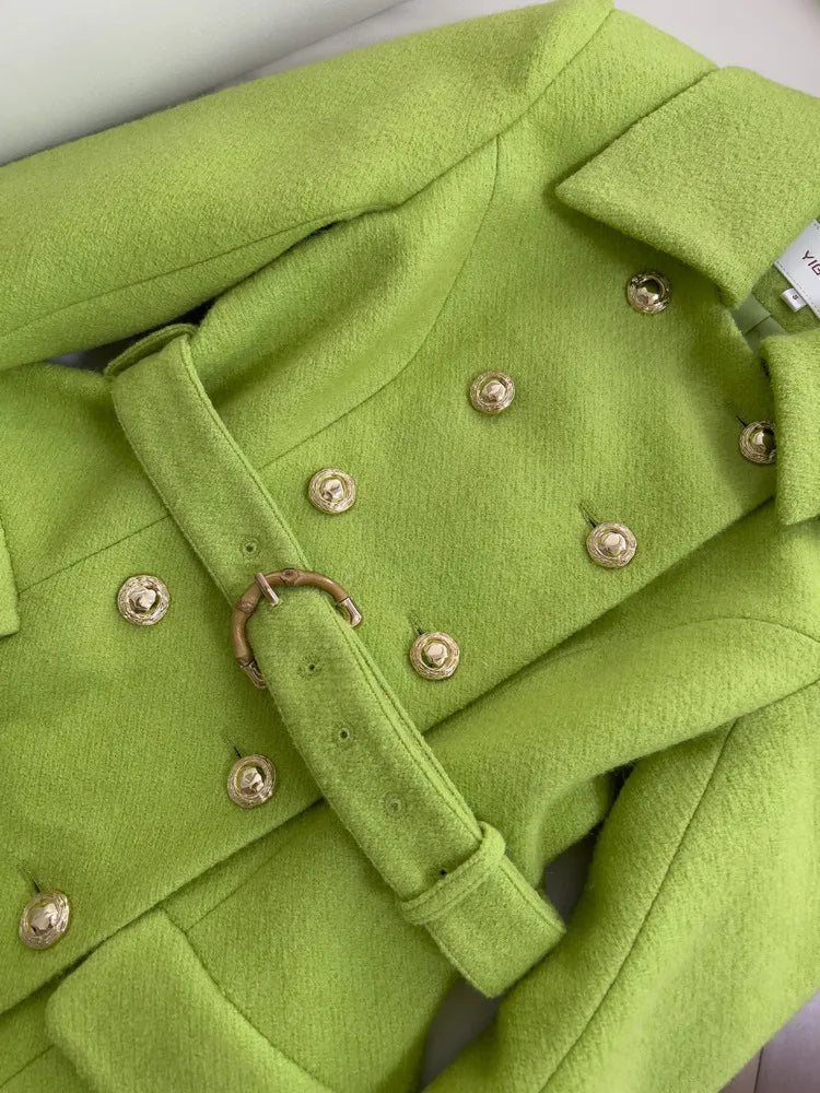 IEQJ Fashion Autumn Winter Green Woolen Coat Women Turn Down Collar Long Sleeves Double Breasted Sashes Slim Blends Coats New