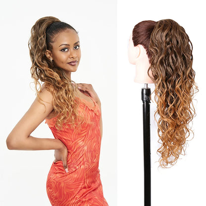 Julianna Synthetic Kanekalon Black Drawstring Water Wave Ponytail Extension Female Curly Wavy Clip In Ponytail Hair Extension