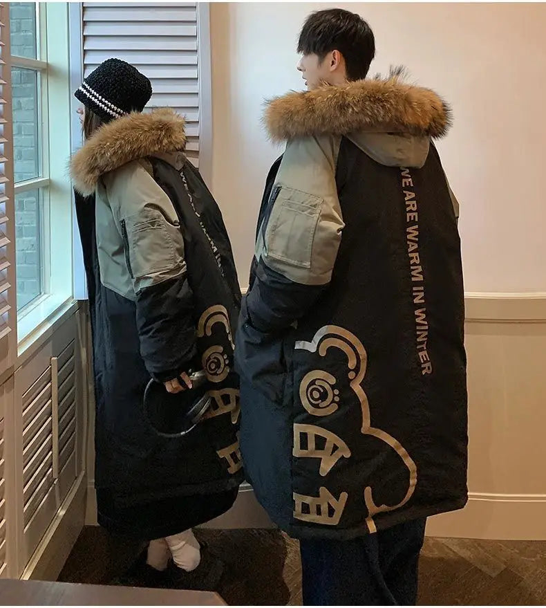 Men's Parkas Hooded Down Jacket Couple Mid-length Over-the-knee Loose Animal Fur Collar Jackets Zipper Pockets Thick Tops Coat