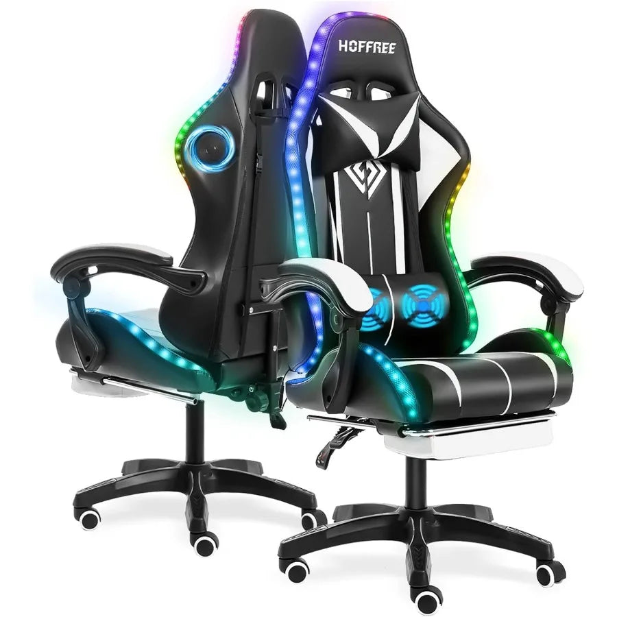 Ergonomic Gaming Chair with Built-in Speakers and RGB LED Lights Adjustable Footrest High Back Support Massage Function Lumbar