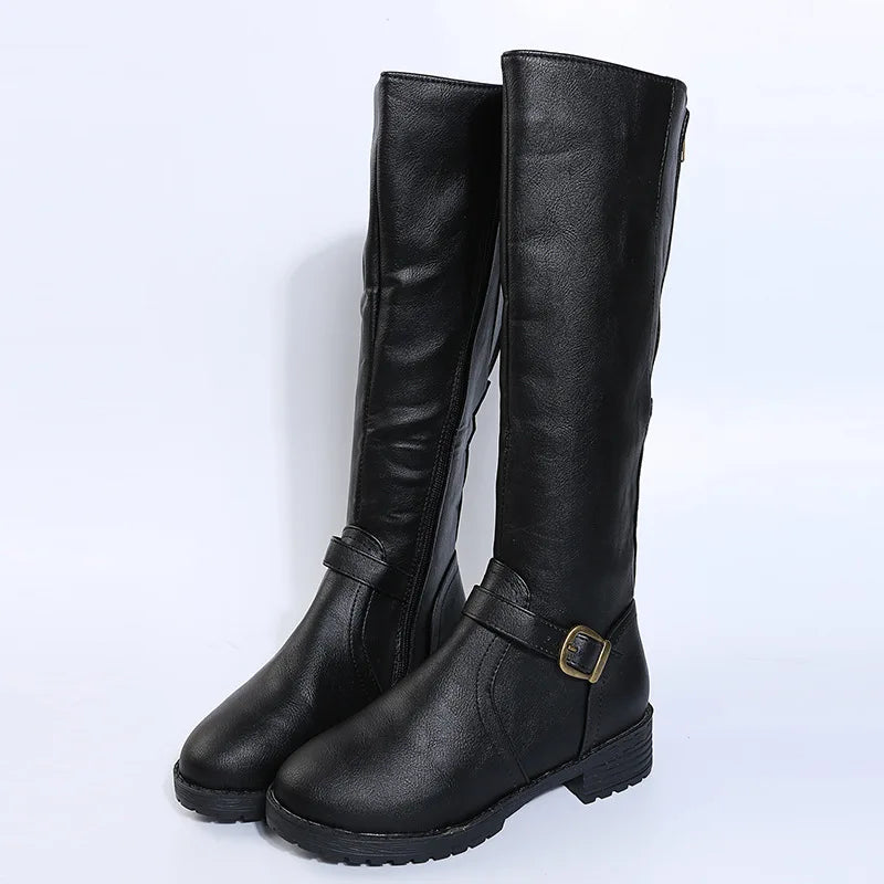 2025 New Women's Spring/Autumn Leather Boots-Knee-High Riding Boots with Zip Low Heel Perfect for Daily Commute& Weekend Outings