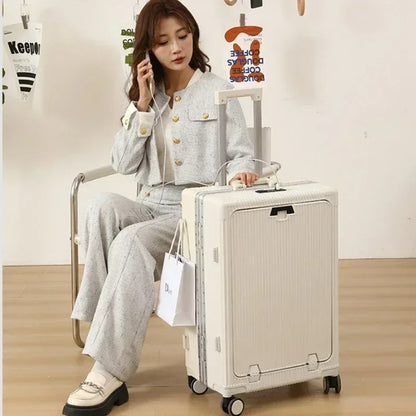Front Opening Large Capacity Rolling Luggage Case Aluminum Frame Trolley Case USB Charging Boarding Suitcase With cup holders