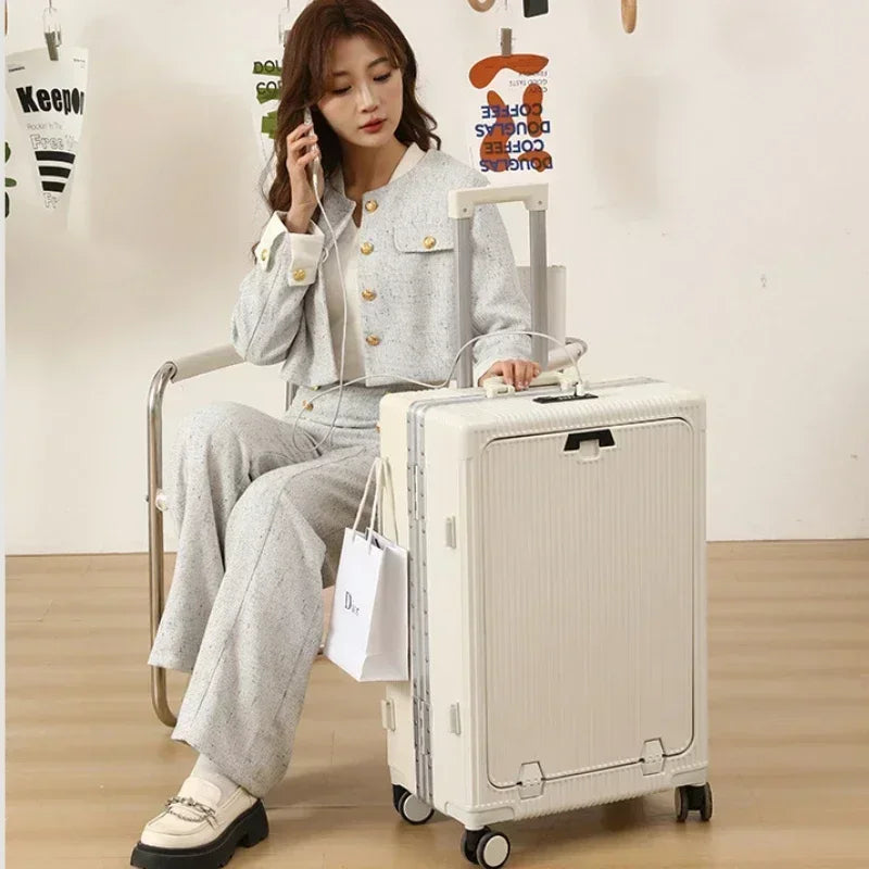 Front Opening Large Capacity Rolling Luggage Case Aluminum Frame Trolley Case USB Charging Boarding Suitcase With cup holders