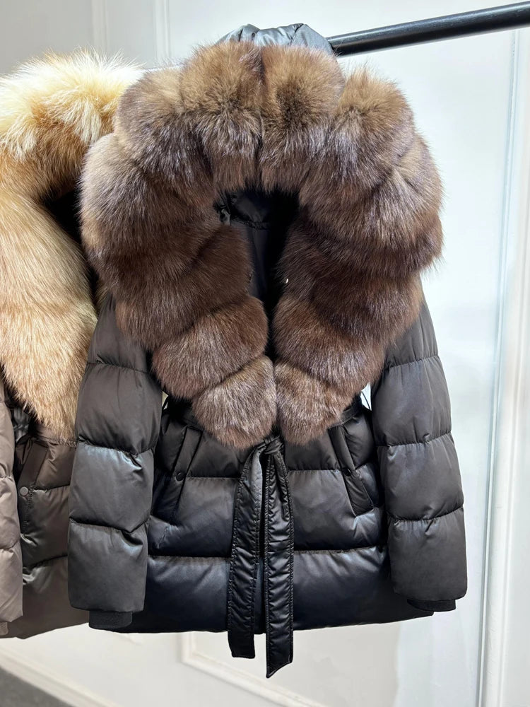 2025 New Natural Thick Warm 90% White Goose Down Coat Long Winter Jacket Women Real Big Fox Fur Collar Belt Loose Puffer Parka