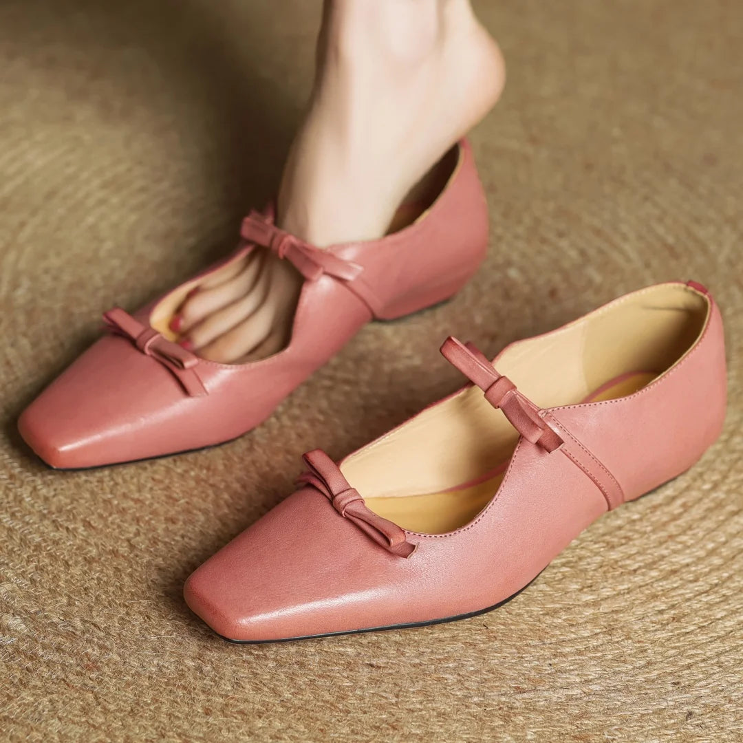 Women's cow leather double bowtie slip-on flats loafers square toe high quality female sweet daily moccasins shoes for woman hot - Kimlud