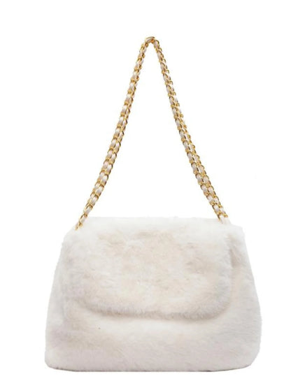 Fashion White Plush Tote Bag Women Casual Large Capacity Chain One Shoulder Bags Autumn/Winter New Fake Fur Handbag Trend