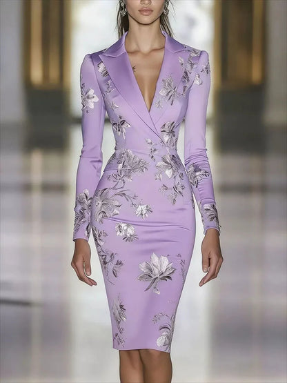 Elegant Luxury Floral Print Bodycon Midi Dress Retros V-neck Long Sleeve Fit Banquet Dress Temperament High Waist Wrap Hip Dress