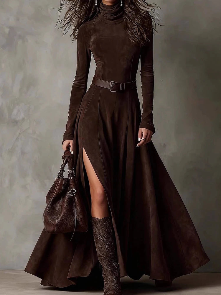 Stand Collar Zipper Patchwork Maxi Dress, Spring Autumn Women Long Sleeve Chic Party Dress, Elegant Simple Ladies Dress Vestidos