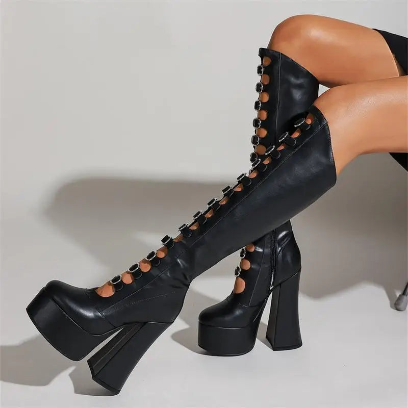 Women's Autumn Thick Bottom Hollow Knee High Boots Side Zipper Square Heel Pole Dance Female Sexy Shoes Super High Heel Platform - Kimlud