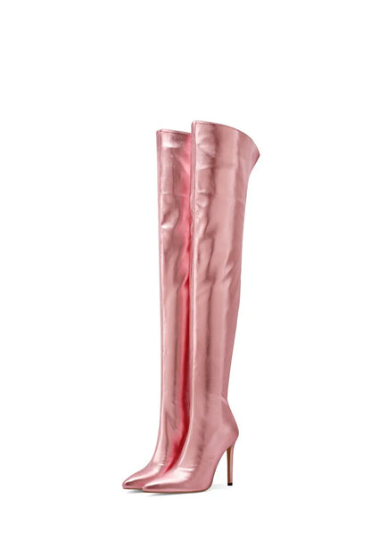 Sexy Silver Gold Rear Zipper Over Knee Boots Women's Pointed High Heels European and American Fashion Long Boots Big Size 34-43