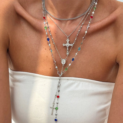 4Pcs/Set Cross Colorful Crystal Necklaces For Women Simple Gold Silver Color Y-Shaped Pendant Necklace Set New Christian Jewelry