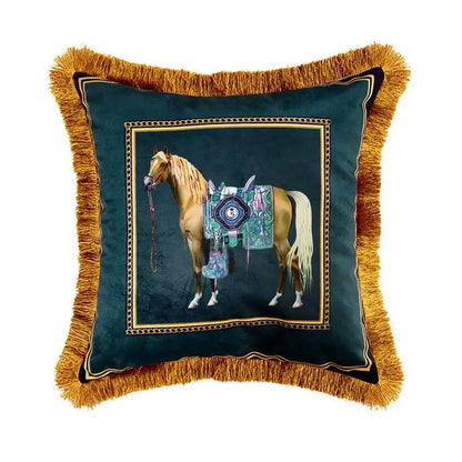 European Retro Horse Printed Pillow Cover Sofa Gold Tassel Pillowcase Velvet Fabric Cushion Cover | Kimlud Premium Pillow