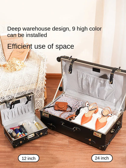 Classic Retro Suitcase 20/24/26inch PP+PC Travel Suitcase Large Capacity Handmade Leather Suitcase Travel Set with Makeup Case