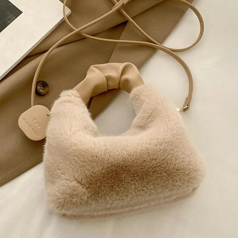 Cute Faux Fur Plush Handbags Ruched Handle Small Lady Shoulder Crossbody Bag Casual Tote Half-Moon Hobos Winter Bags for Women