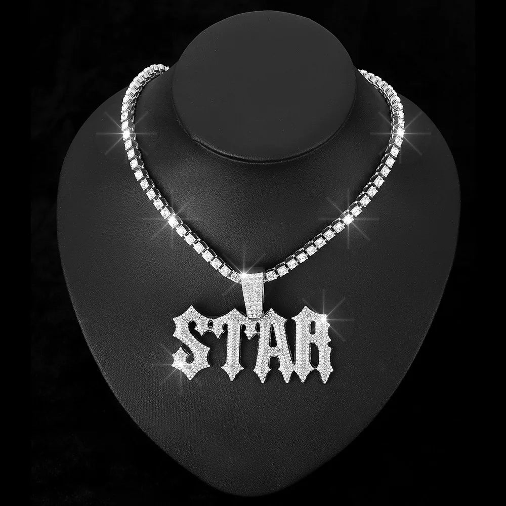 Men Women Hip Hop Letter STAR  Pendant Necklace with Cuban Chain Iced out Bling Necklaces Tennis Chain Fashion Punk Jewelry Gift