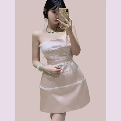 DEAT Sexy Lace Bow Spliced Solid Color Strapless Backless Sleeveless High Waist Women's Mini Dress 2025 Spring New Tide 15DZ504