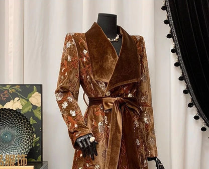 Luxury Design Women's Clothing Lapel Trench Coat Belt Sequin Embroidery Long Trench Coat High Quality Vintage Harajuku Outerwear