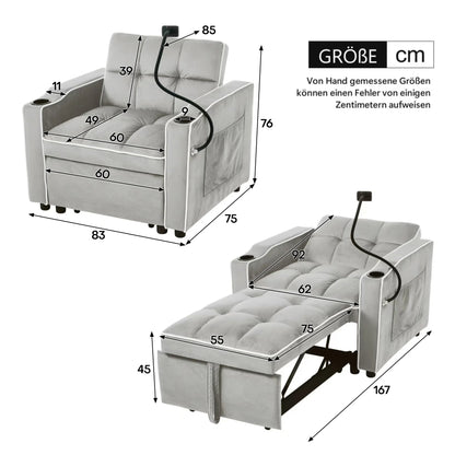 3-in-1extendable single sofa bed with beverage rack and phone holder,sofa bed,chair,perfect for small rooms,83*167*76 cm - Kimlud