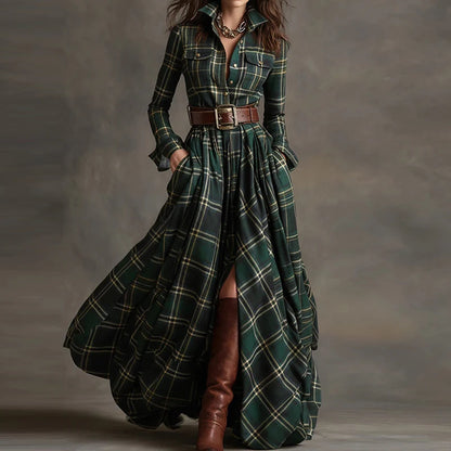 2025 Turn-Down Collar Patchwork Party Dress, Women Spring Autumn Long Sleeve Chic Maxi Dress, Plaid Printed Loose Cardigan Dress