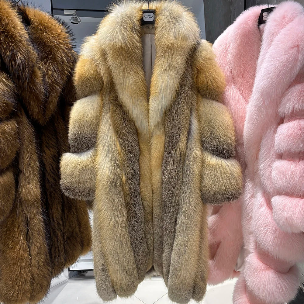 YOLOAgain Luxury Real Fox Fur Jacket Women Long Fur Coat 2025 Winter Warm