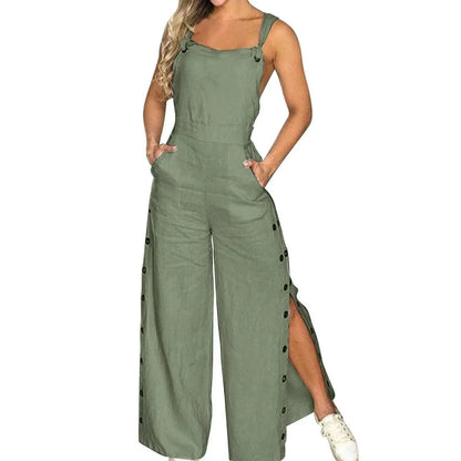 Women's Summer Sleeveless Cotton Linen Playsuits Strappy Side Button Opening Overalls Loose Long Wide Leg Pants Female Jumpsuits