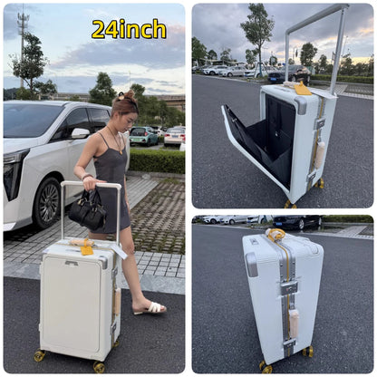 Front Opening Pocket Rolling Luggage Aluminum Frame Wide Handle Trolley Suitcase with Colorful Silent Wheels & USB Charging Plug